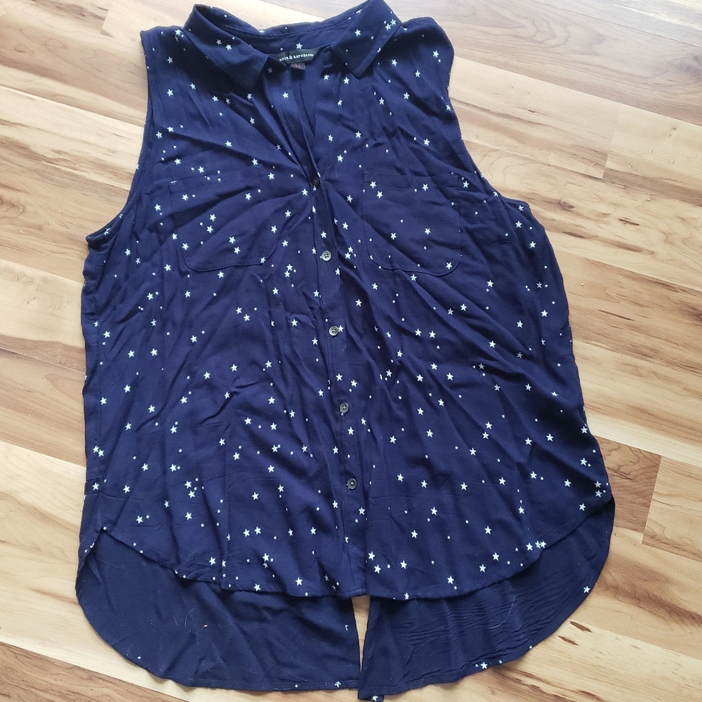 Rock & Republic sleeveless navy white stars button up top Size XL
